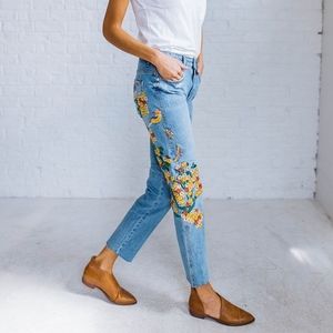 Free People Floral Embroidered Girlfriend Jeans 27